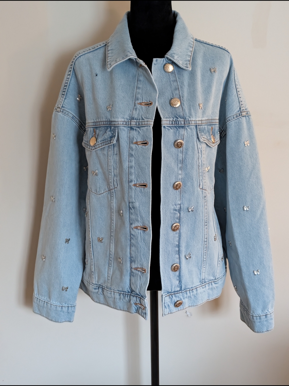 NWT Farm Rio Bows Embroidery Denim Jacket Light Wash Oversized Size S